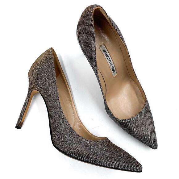 Manolo Blahnik BB Pumps Glitter Stiletto Heels Pointed Toe Dark Gold Sz 37 / 7 - Picture 1 of 8